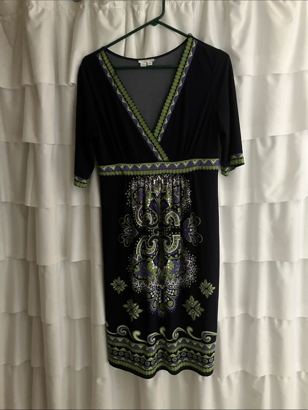 London Times Black Midi Dress with Green & Purple Pattern